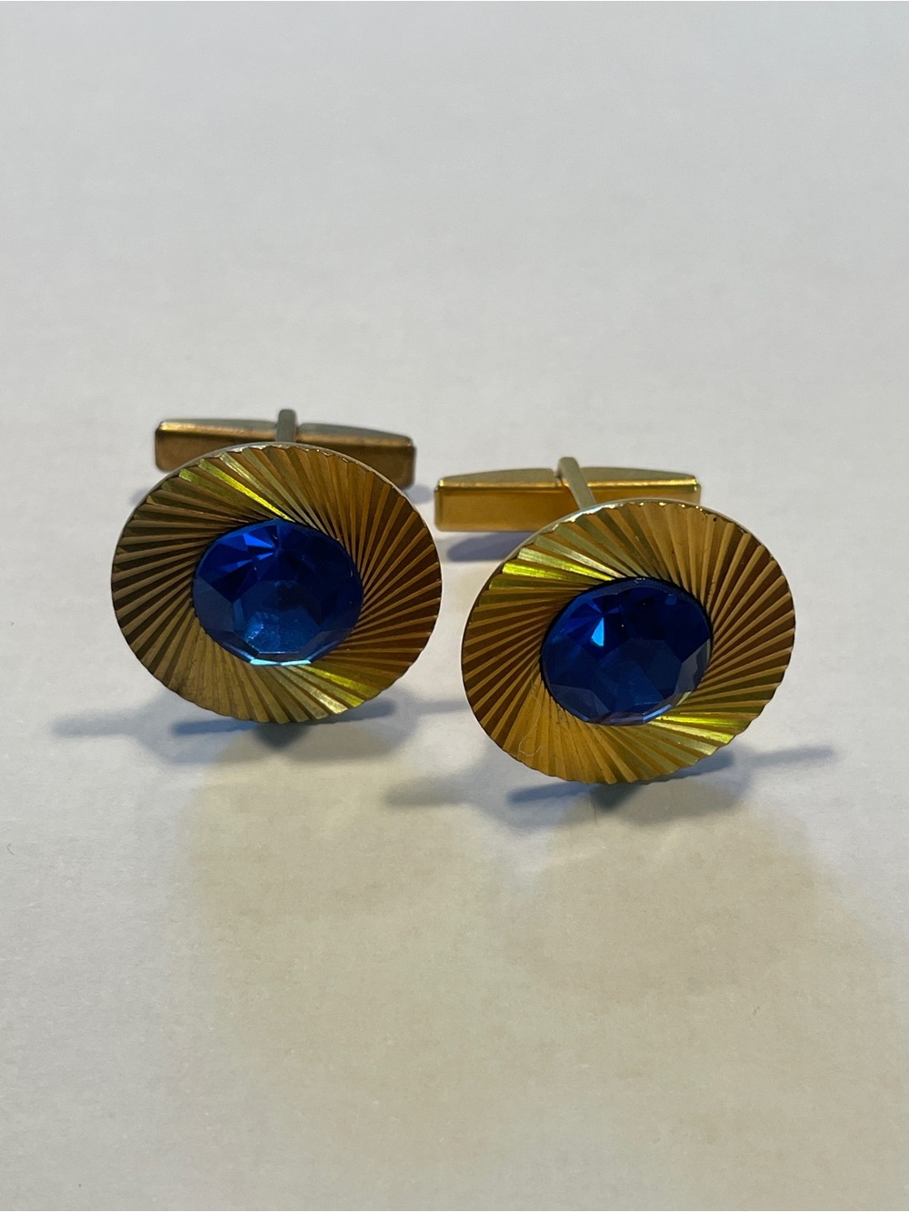 Vintage Brass Cufflinks with Deep Blue Faceted Resin Stones